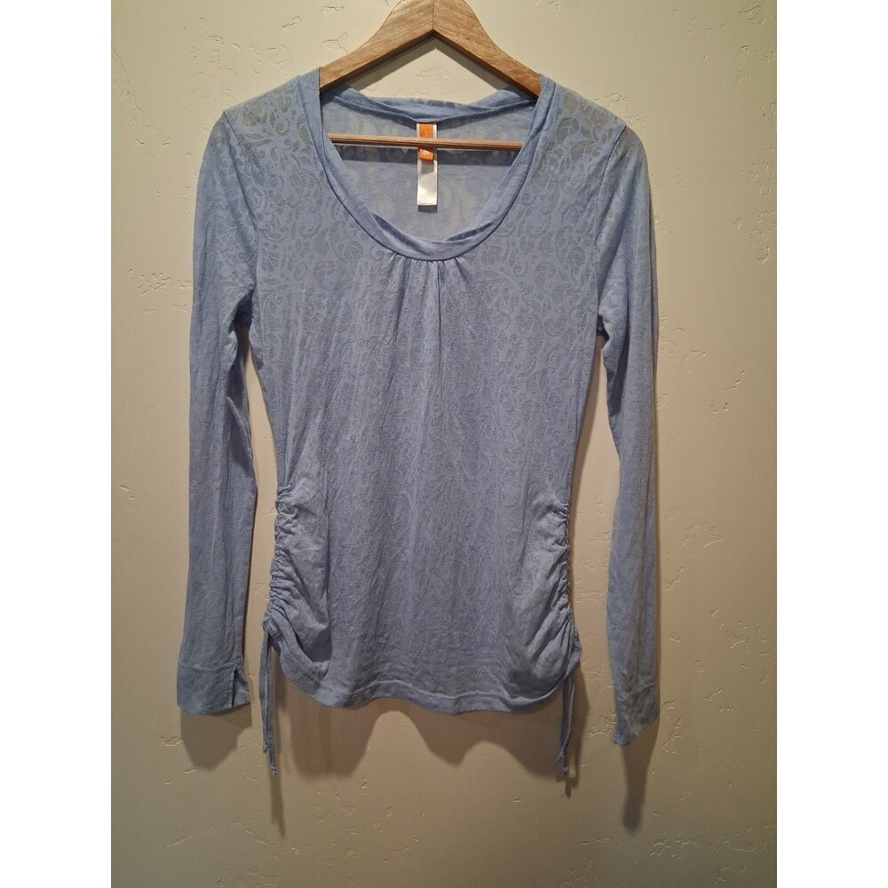 Lucy Activewear Women's Size S Sheer Leaf Pattern Burnout Long Sleeve Top Blue